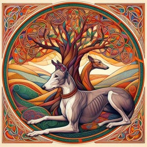 Tarjeta de felicitación para cualquier ocasión: galgo, whippet y árbol de la vida