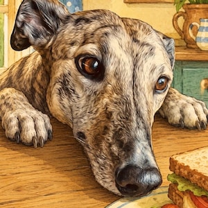 Può includere: Un'illustrazione ad acquerello di un levriero tigrato con occhi marroni che appoggia la testa e le zampe su un tavolo di legno, guardando attentamente un panino su un piatto con lattuga e pomodorini, in una cucina con tende blu.