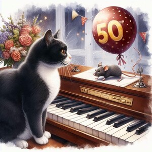 Carte du 50e anniversaire d'un chat avec un piano au profit de lévriers à la retraite