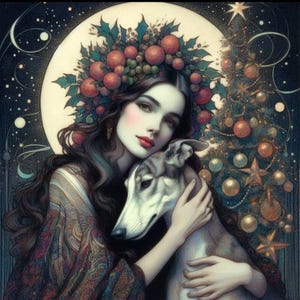 Könnte beinhalten: Künstlerische Illustration einer Frau mit langen, dunklen Haaren, geschmückt mit einem Kranz aus roten Beeren und grünen Blättern. Sie umarmt einen Windhund. Ein geschmückter Weihnachtsbaum und ein Sternenhimmel im Hintergrund.