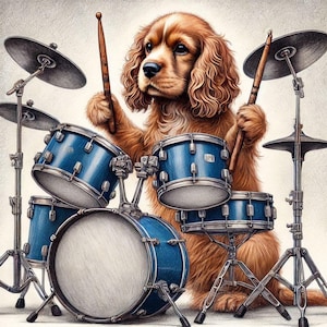Cocker spaniel dorato che suona la batteria, in aiuto dei levrieri in pensione, biglietto di auguri per qualsiasi occasione