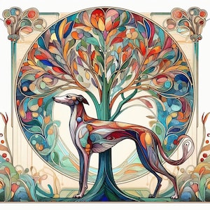 Tarjeta de felicitación para cualquier ocasión: galgo, whippet y árbol de la vida