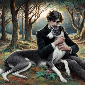 Carte Souvenir de Greyhound Whippet, jeune homme préraphaélite