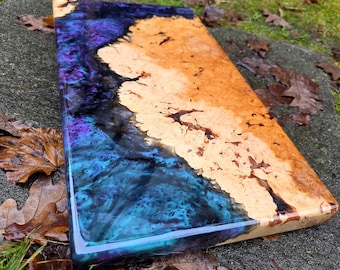 Metallic Turquoise Colourshift Epoxy Maple Burl Charcuterie Board – 18" x 10" Serving Board