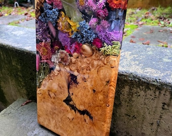 Vibrant Seasonal Floral Maple Burl Charcuterie Board - 18" x 10" Serving Board