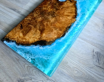 Ocean Beach Charcuterie Board – Spalted Maple Serving Board with Tropical Blue & Green Resin Waves, 10x18 Inch