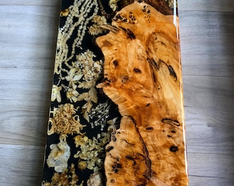 Dried Golden Flower Charcuterie Board with Epoxy Resin and Burlwood- 18" x 10" Serving Board