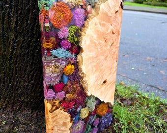 Beautiful Blooming Flowers and Maple Burl Charcuterie Board - 18" x 10" Serving Board