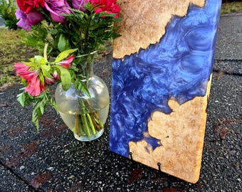 Stormy Purple Blue Epoxy Maple Burl Charcuterie Board – 18 x 10 Inch Serving Board