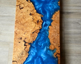 Maple Burl Charcuterie Board with Ocean Blue Epoxy – 18" x 10" Handmade Serving Board