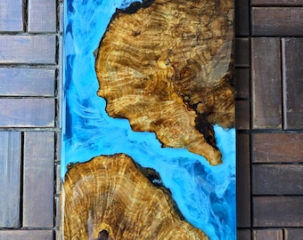 Ocean Epoxy Charcuterie Board – Florescent Blue Waves and Spalted Maple 10x18 Serving Board