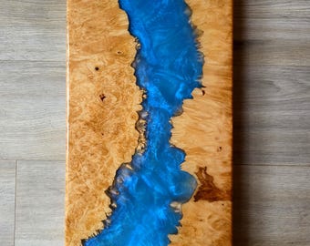 Glacier Blue Epoxy Charcuterie Board – 18" x 10" Maple Burl Serving Board