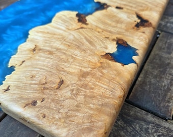 Ocean Blue Epoxy Maple Burl Charcuterie Board – 18 x 10 Inch Serving Board