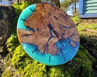 Translucent Green Epoxy Resin Clock and Birch Burl Wood - 24" Diameter