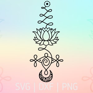 Fiore di loto Unalome buddismo yoga SVG, DXF, file PNG per Cricut Moon Buddha Illuminismo Yoga Studio Design spirale crafting taglio