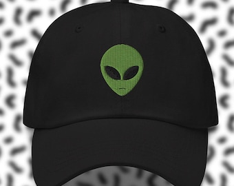 Czarny kapelusz taty z haftowaną głową kosmity | Zielony, Szary, UFO, Art Bell, NASA, Lata 90., Z Archiwum X