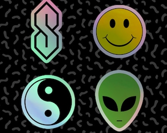 Naklejki z symbolami lat 90. Zestawy holograficzne | Smiley, Cool S Thing, Green Alien, Yin Yang | Stanley, Laptop, Tumbler, Lata dziewięćdziesiąte