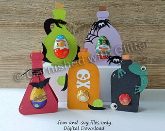 Halloween 6! Potion Bottles, Confectionery Holders, svg files, craft, for kids, Trick or Treat, gift bag, party, bats, frogs, spiders, snake
