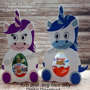 Porta dulces de unicornio. Archivos de corte de descarga digital. fcm y svg. Adecuado para productos de confitería del tamaño de huevos tipo Kind** y huevos en crema.