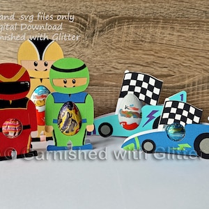 May include: Four digital cut files for creating Easter egg holders. The designs include a race car, a superhero, a ninja, and a race car driver. The files are for personal use only.
