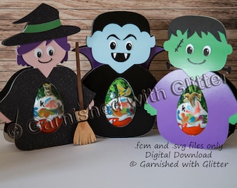 Halloween Candy Holders, for kids, Witch, Frankenstein, Dracula, Trick or Treat, party bag, gift, svg files, spooky, 3d paper craft, scary