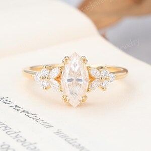 Vintage Marquise cut Moissanite engagement ring Yellow gold ring Moissanite Cluster ring Art deco Bridal ring vintage diamond Promise ring