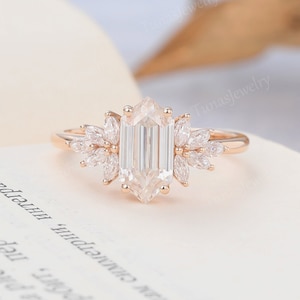 Elongated hexagon cut Moissanite engagement ring Rose gold ring Marquise promise ring Art deco marriage ring Diamond wedding Bridal ring