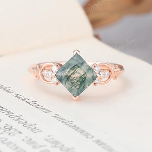 Vintage Princess cut Moss agate engagement ring rose gold wedding ring twist Diamond ring Marquise Moissanite promise Bridal ring gift