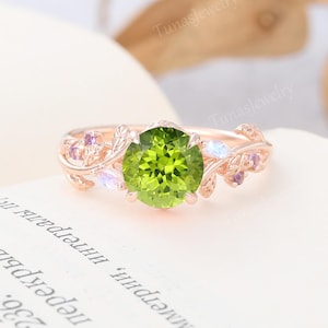 Vintage Peridot ring Solid rose gold engagement ring Marquise cut moonstone ring Cluster Amethyst ring Art deco twist Bridal  wedding ring