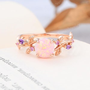 Round cut Pink opal ring Unique Rose gold leaf engagement ring Antique pink sapphire Branch ring Marquise cut amethyst ring Promise ring