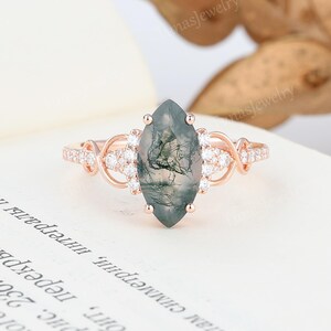 Vintage Marquise cut Moss agate engagement ring rose gold wedding ring twist Diamond ring half infinity  Moissanite promise Bridal ring gift