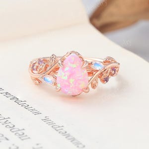 Pear cut Pink opal ring Unique Rose gold leaf engagement ring Amethyst vine ring Marquise cut moonstone ring Women wedding promise ring gift
