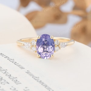 Oval cut Lavender amethyst ring Yellow gold Women wedding engagement ring Marquise cut Moissanite ring Cluster ring Art deco Bridal ring