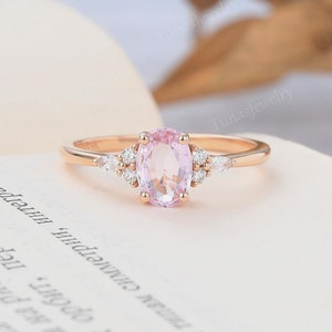 Oval cut 5*7 mm pink sapphire ring Rose gold engagement ring Marquise Moissanite ring Cluster ring Art deco Bridal ring