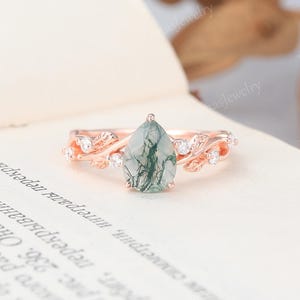 Unique Pear shaped moss agate engagement ring Rose gold moissanite bridal ring women wedding ring vine ring Unique cluster Promise ring gift