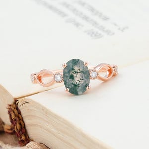 Oval cut Moss agate engagement ring rose gold unique wedding ring natural inspired twist ring Marquise Moissanite diamond Bridal ring gift