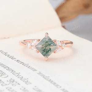 Unique Princess cut Moss agate engagement ring rose gold wedding ring twist Diamond ring Marquise Moissanite promise Bridal ring gift
