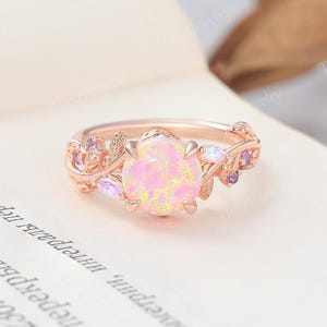 Vintege Pink opal ring Unique Rose gold leaf engagement ring Amethyst vine ring Marquise cut moonstone ring Women wedding promise ring gift
