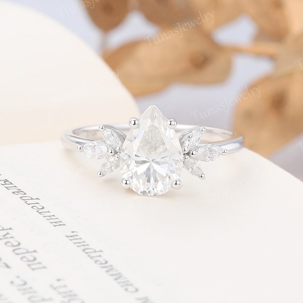 Pear shaped Moissanite engagement ring White gold ring Women Unique Moissanite Cluster ring Art deco ring Bridal ring Promise ring for her