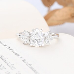 Pear shaped Moissanite engagement ring White gold ring Women Unique Moissanite Cluster ring Art deco ring Bridal ring Promise ring for her