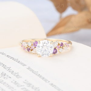 6.5mm Moissanite engagement ring Yellow gold women wedding ring Marquise Moissanite Cluster ring Amethyst Bridal ring Pink sapphire ring