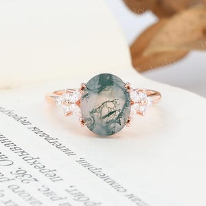Unique Oval cut Moss agate engagement ring rose gold Vintage wedding ring Anniversary ring Marquise Moissanite diamond Bridal ring gift