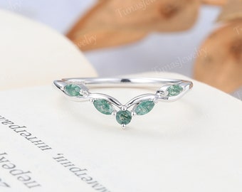 Marquise cut Moss agate Wedding band Vintage White gold Curved wedding band women Unique Bridal Stacking ring Promise Anniversary ring