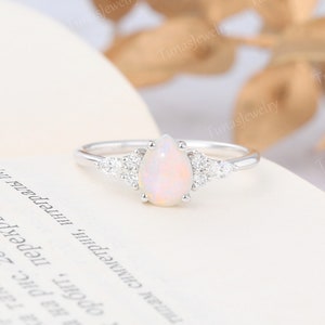 Pear shaped Natural Opal engagement ring White gold women wedding ring Moissanite Cluster ring Art deco Bridal ring Promise ring for her