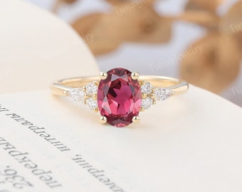 Oval cut pink tourmaline ring Yellow gold Women wedding engagement ring Marquise cut Moissanite ring Cluster ring Art deco Bridal ring