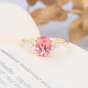 Oval cut pink sapphire ring Yellow gold engagement ring Marquise cut Moissanite ring Cluster ring Art deco Bridal ring diamond wedding ring