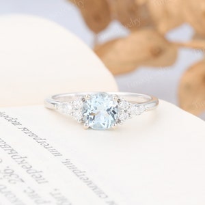 Antique Aquamarine engagement ring White gold engagement ring Marquise Moissanite Cluster ring Art deco Diamond Bridal ring Promise ring