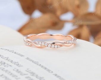 Unique Twisted Wedding Band, Rose Gold Matching ring, Full Eternity Moissanite band, Dainty Stacking Ring, Bridal Wedding band Infinity band