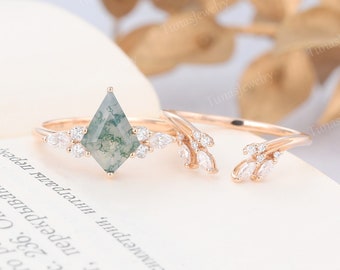 Kite cut mosagaat ring set Vintage Rose gouden verlovingsring set Gesimuleerde diamanten cluster ring set Marquise moissanite huwelijksring set