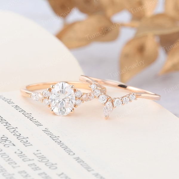 Oval cut Moissanite engagement ring set Rose gold simulated diamond ring set Marquise cut Moissanite Cluster ring set Art deco Bridal set
